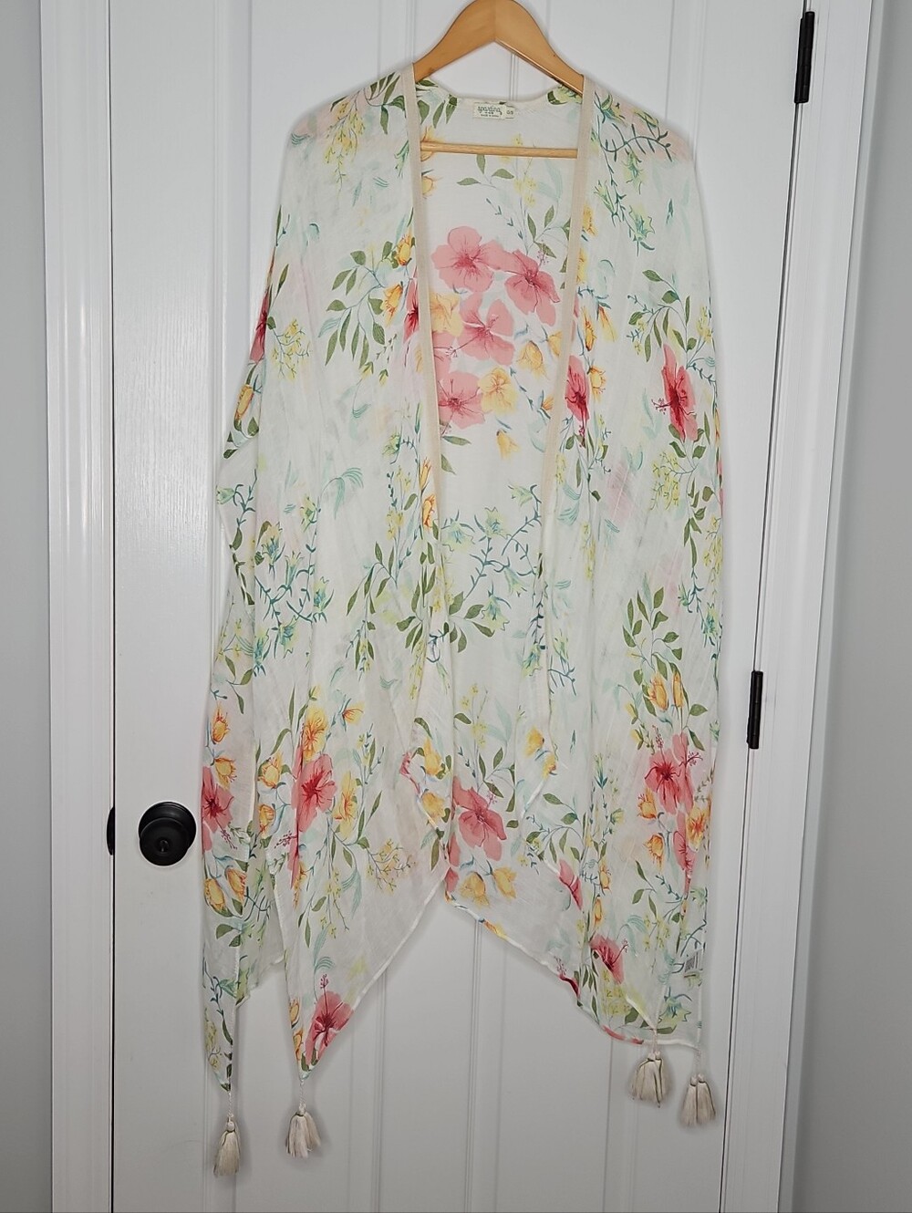 Spartina 449 Beach Swim Cover Up Tassel Linen One Size Ivory Floral River House
